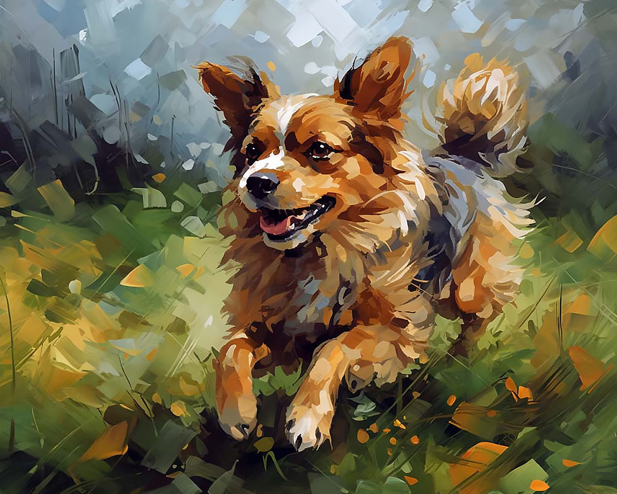 Happy corgi running in the grass cross stitch kit for beginners