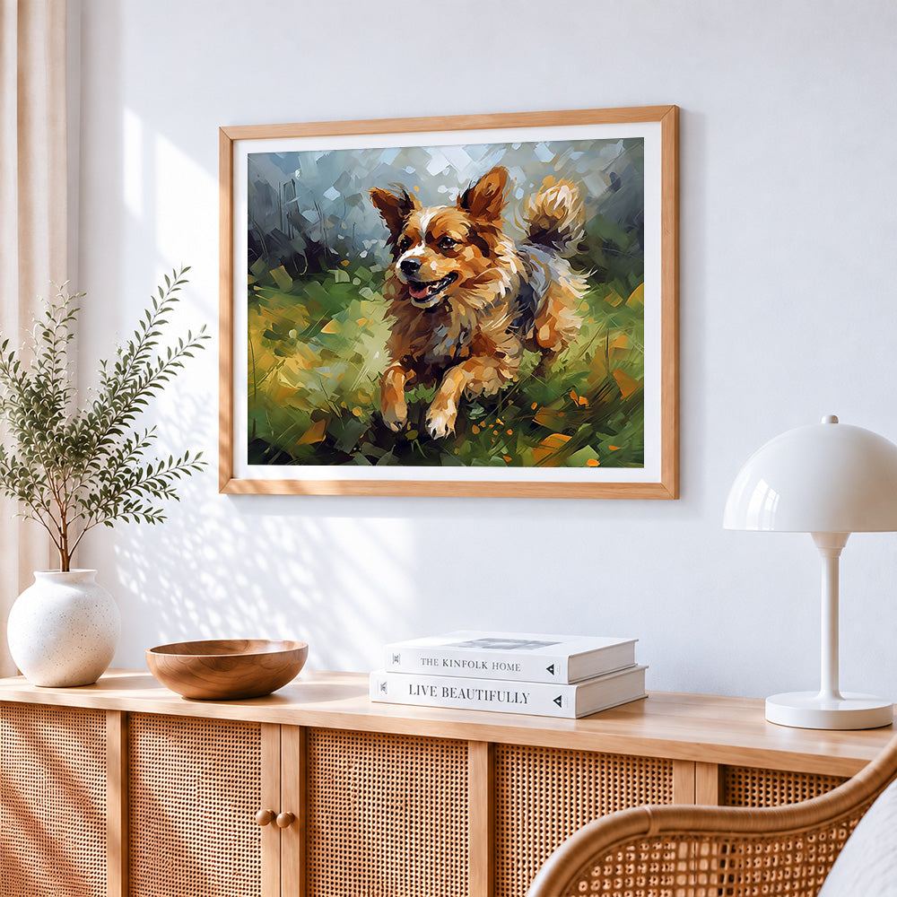 Happy corgi running in the grass cross stitch artwork displayed on wall as home decor