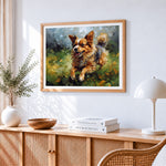 Happy corgi running in the grass cross stitch artwork displayed on wall as home decor