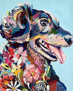Happy dog surrounded by flowers cross stitch kit for beginners
