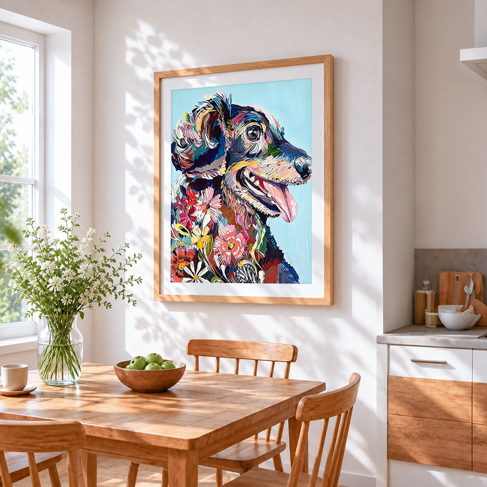 Happy dog surrounded by flowers cross stitch artwork displayed on wall as home decor