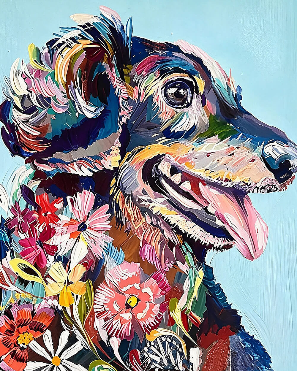 Happy dog surrounded by flowers paint by numbers kit for beginners