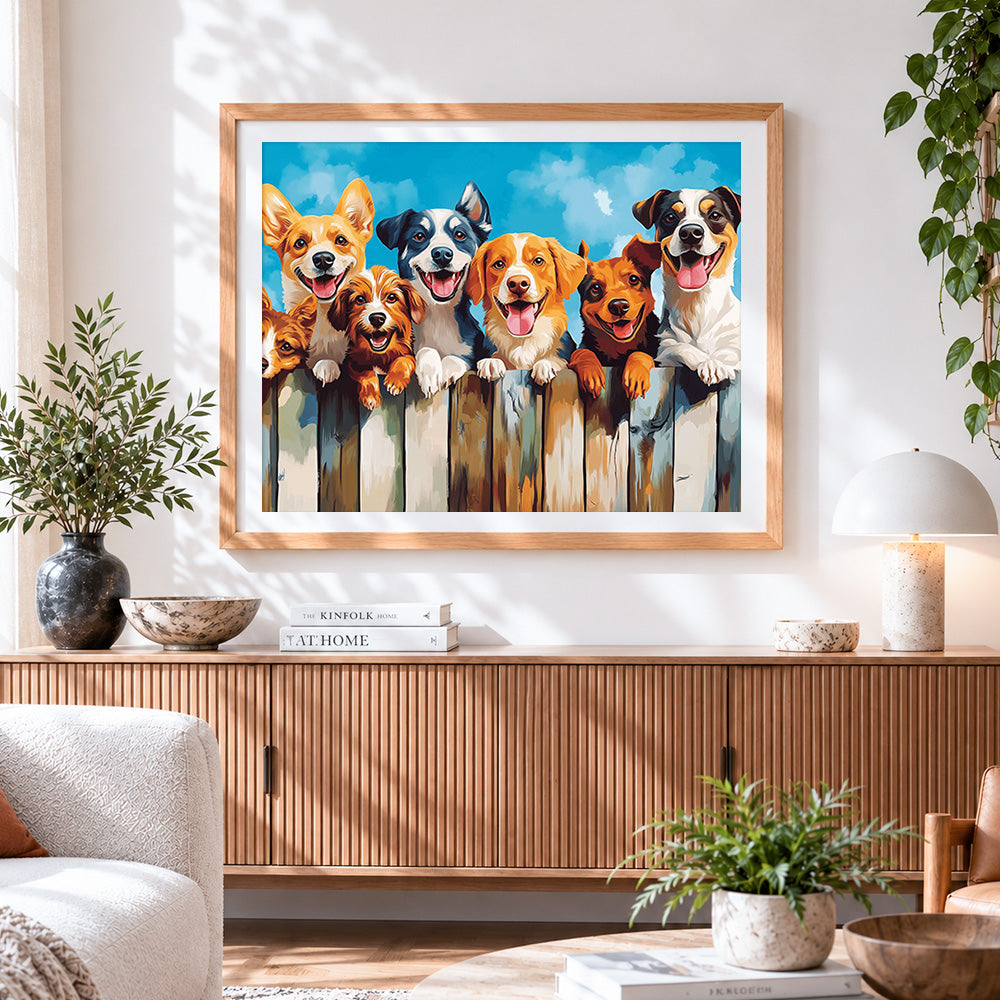 Finished happy dogs behind a fence cross stitch artwork displayed
