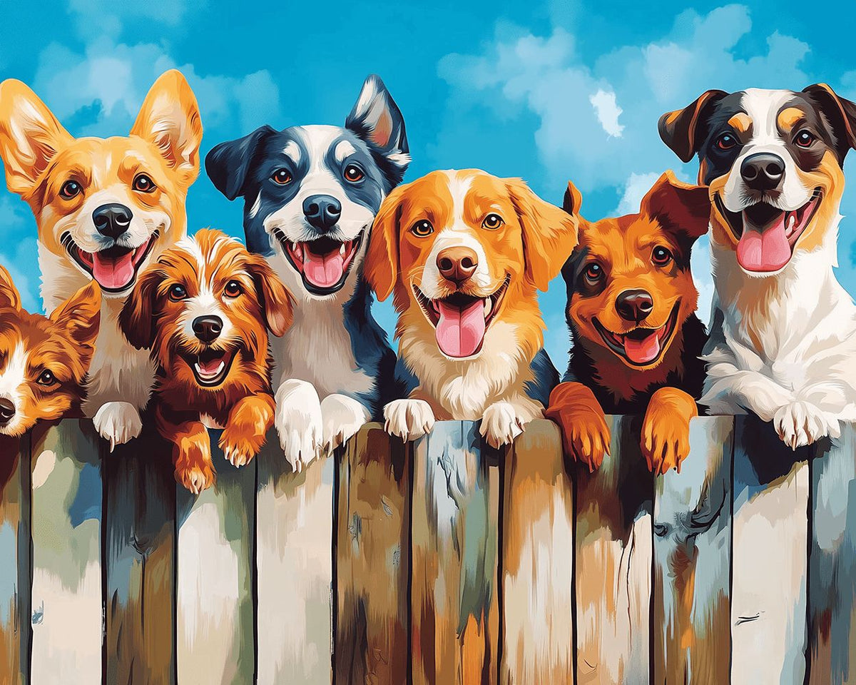 Happy dogs behind a fence cross stitch kit for beginners