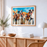 Happy dogs behind a fence cross stitch artwork displayed on wall as home decor