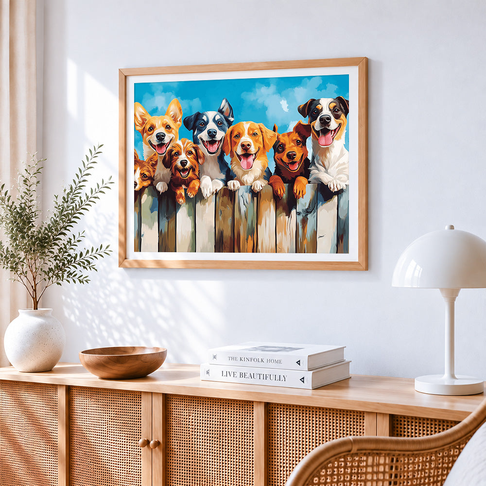 Happy dogs behind a fence cross stitch artwork displayed on wall as home decor