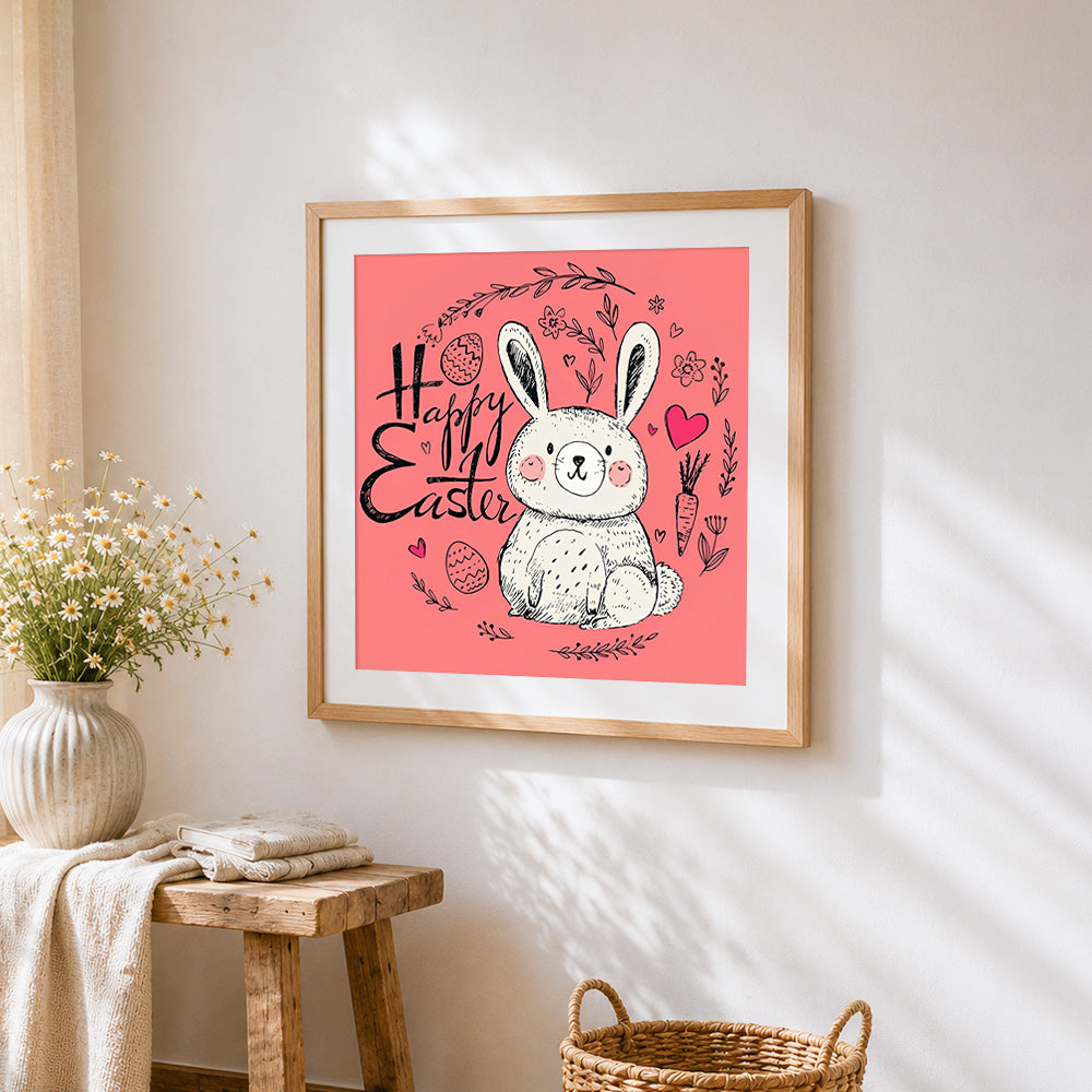 Happy easter bunny and carrot cross stitch artwork displayed on wall as home decor