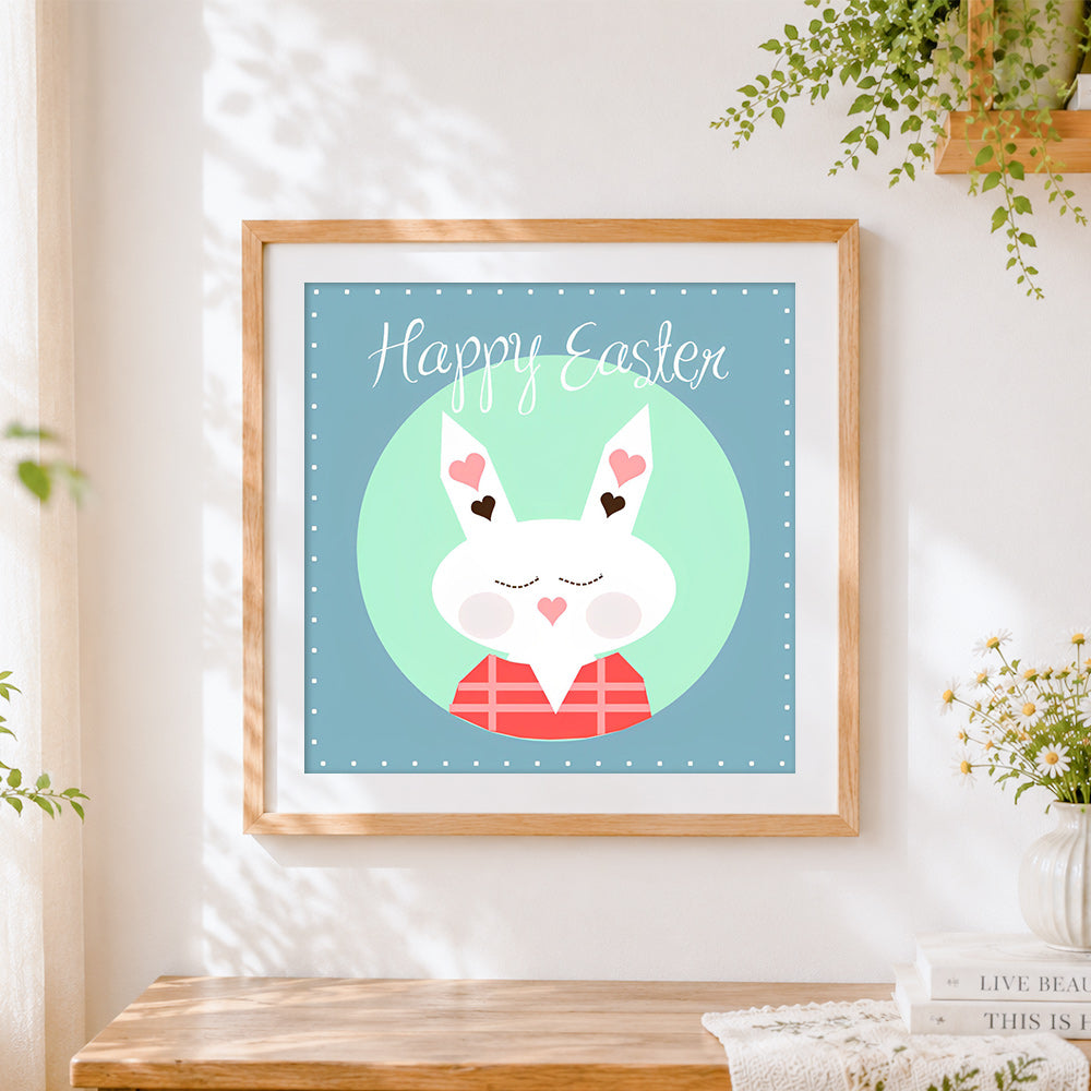 Finished happy easter bunny cross stitch artwork displayed