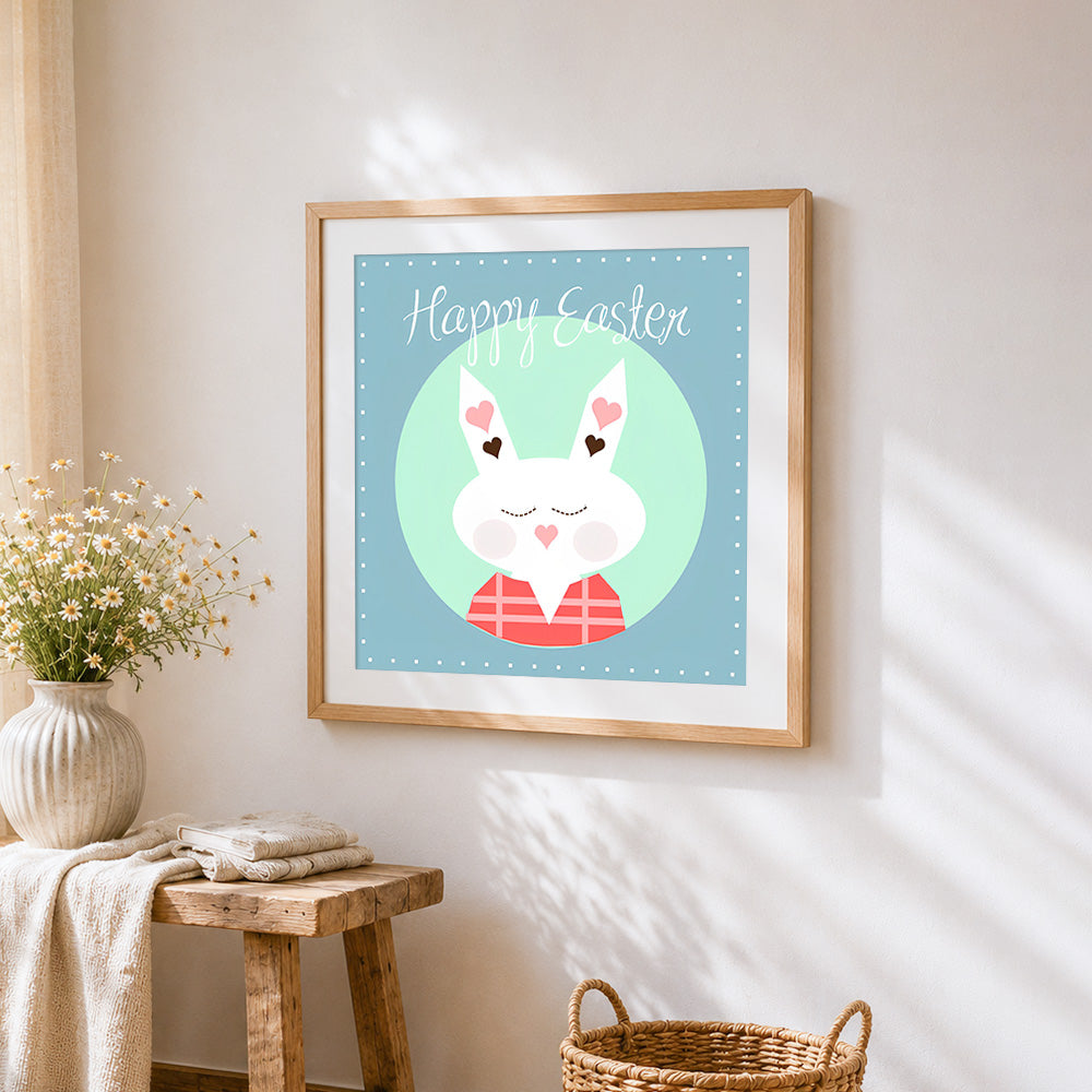 Happy easter bunny cross stitch artwork displayed on wall as home decor