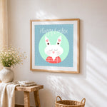 Happy easter bunny cross stitch artwork displayed on wall as home decor
