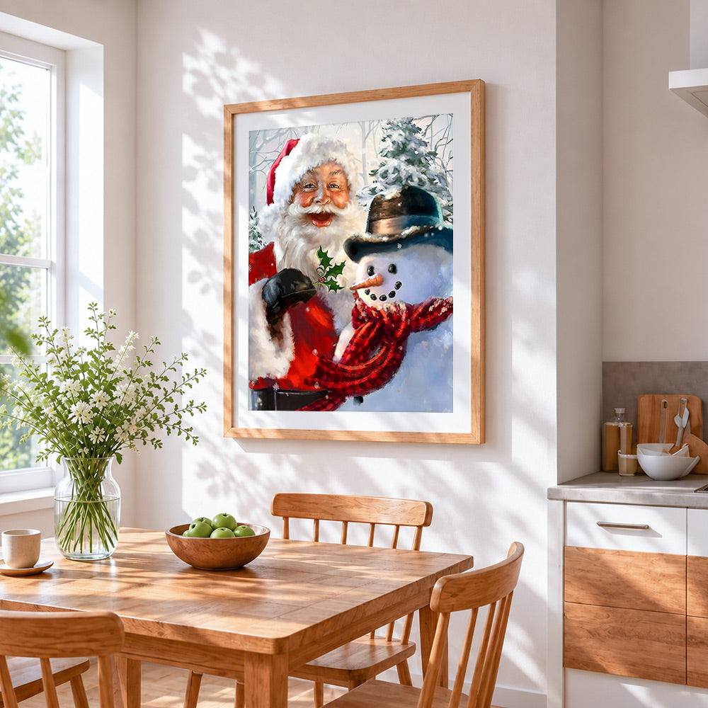 Happy father christmas and snowman cross stitch artwork displayed on wall as home decor