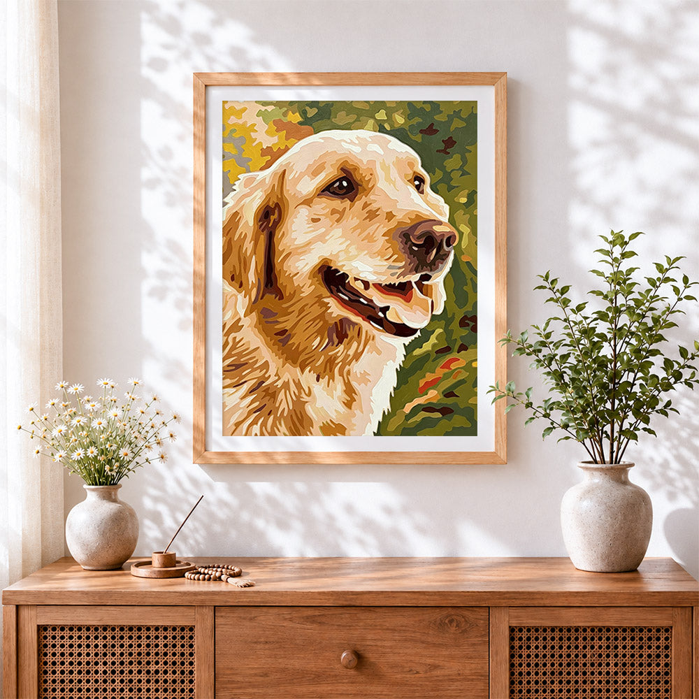 Finished happy golden retriever cross stitch artwork displayed
