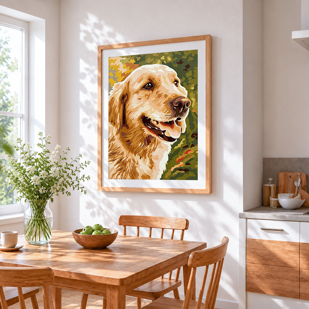 Happy golden retriever cross stitch artwork displayed on wall as home decor