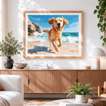 Finished happy golden retriever running on the beach cross stitch artwork displayed