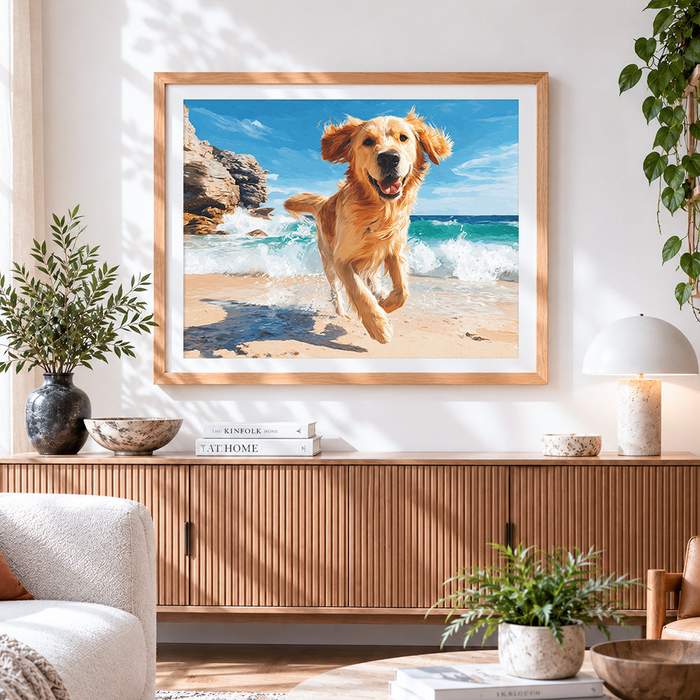 Finished happy golden retriever running on the beach cross stitch artwork displayed