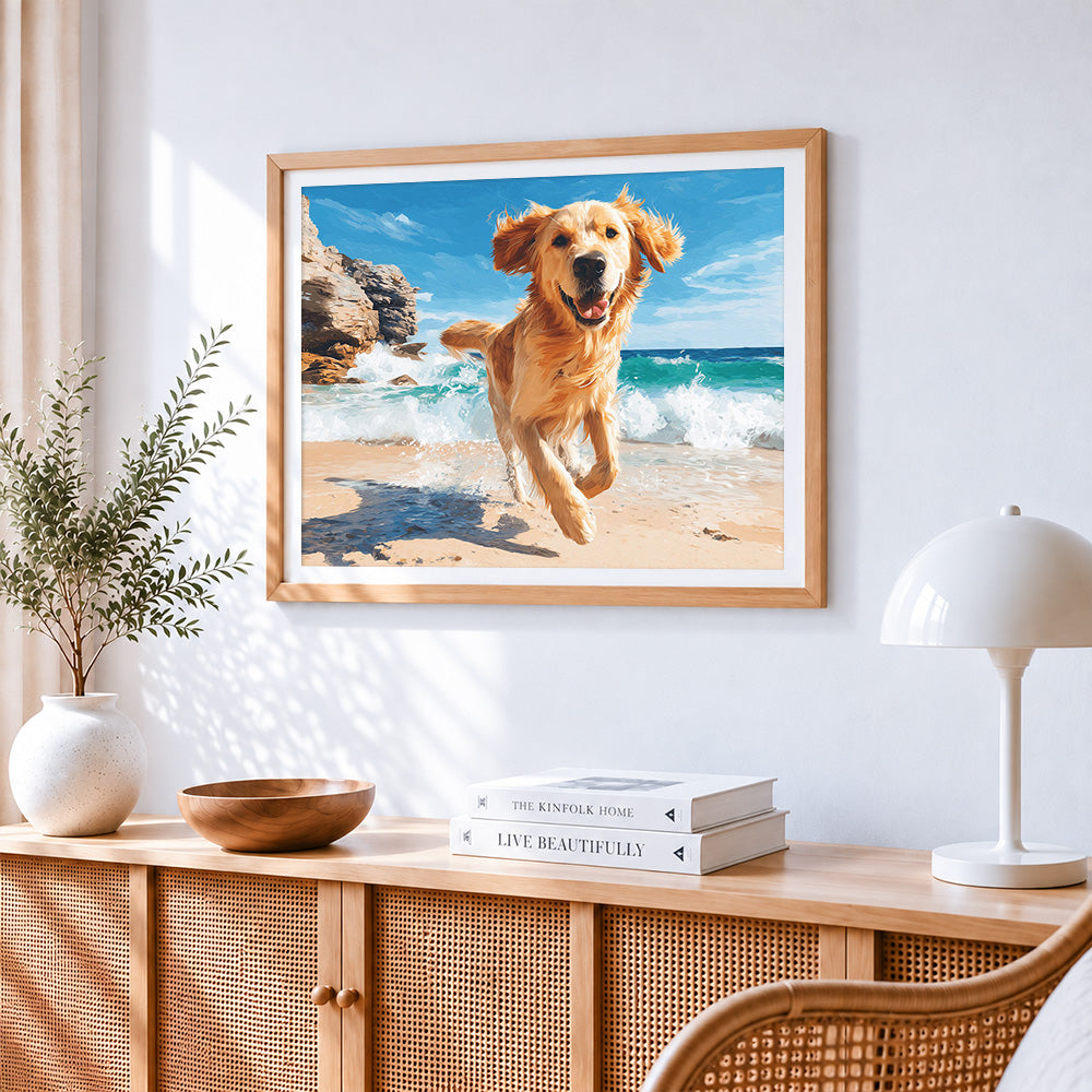 Happy golden retriever running on the beach cross stitch artwork displayed on wall as home decor