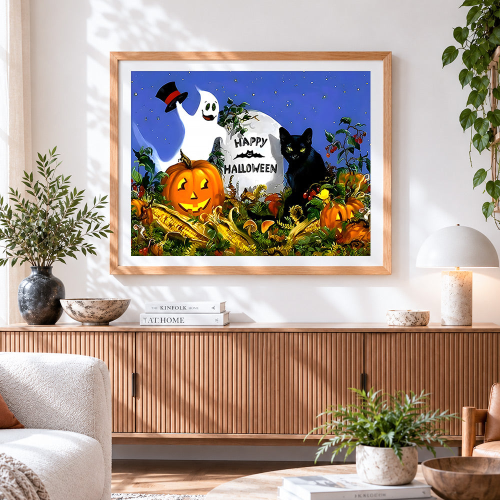 Finished happy halloween ghost, black cat and pumpkins cross stitch artwork displayed