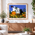 Finished happy halloween ghost, black cat and pumpkins cross stitch artwork displayed