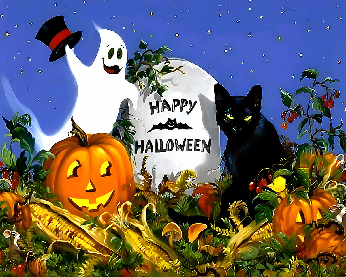 Happy halloween ghost, black cat and pumpkins cross stitch kit for beginners