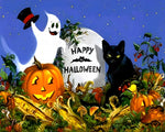 Happy halloween ghost, black cat and pumpkins cross stitch kit for beginners