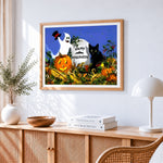 Happy halloween ghost, black cat and pumpkins cross stitch artwork displayed on wall as home decor