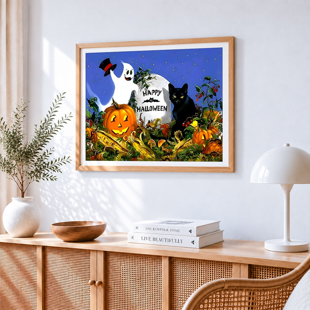 Happy halloween ghost, black cat and pumpkins cross stitch artwork displayed on wall as home decor