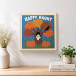 Finished happy haunt tree artwork displayed on a wall