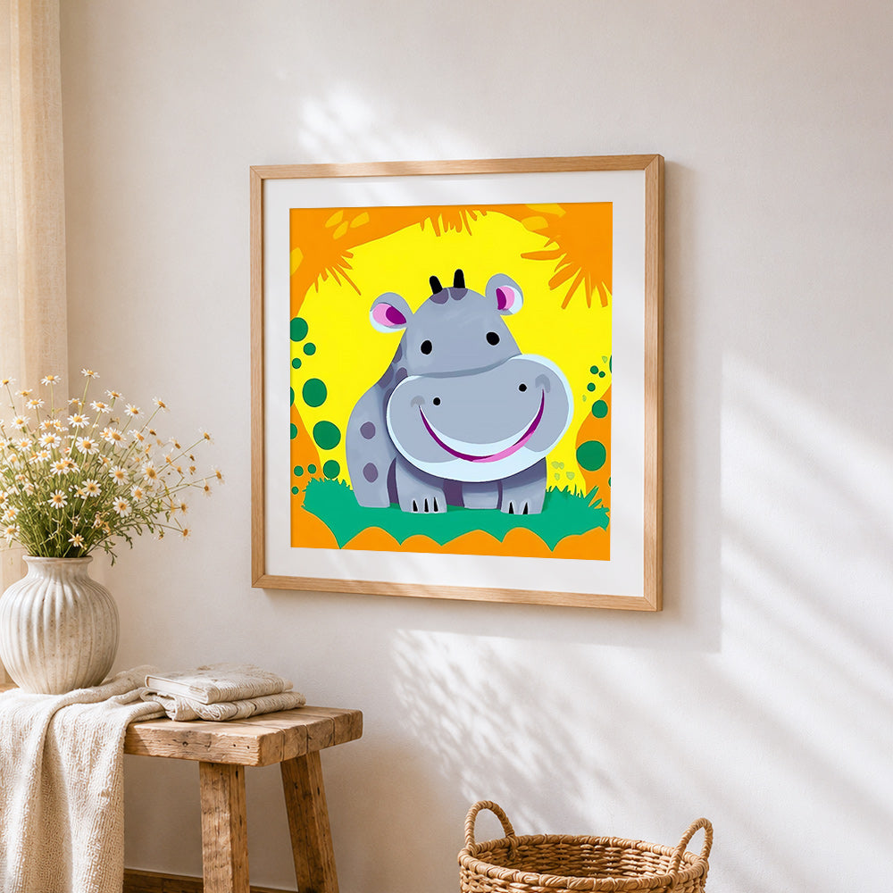 Happy hippo cross stitch artwork displayed on wall as home decor
