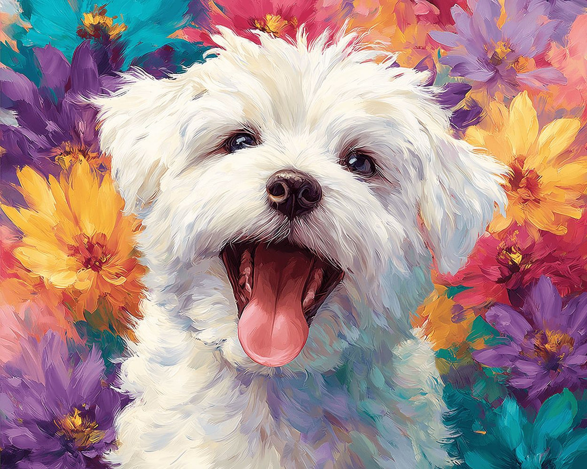 Happy maltese dog in a colourful flower garden cross stitch kit for beginners