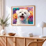 Happy maltese dog in a colourful flower garden cross stitch artwork displayed on wall as home decor