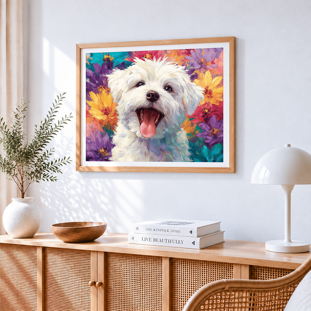 Happy maltese dog in a colourful flower garden cross stitch artwork displayed on wall as home decor