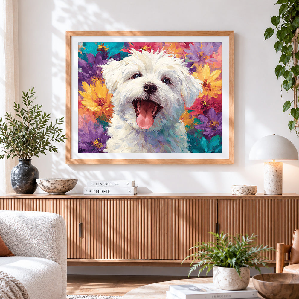 Finished happy maltese dog in a colourful flower garden paint by numbers artwork displayed as home decor