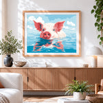 Finished happy pig swimming in the water cross stitch artwork displayed