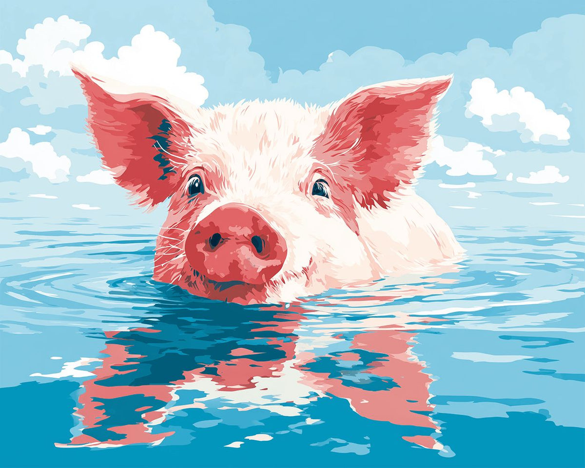 Happy pig swimming in the water cross stitch kit for beginners