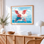 Happy pig swimming in the water cross stitch artwork displayed on wall as home decor