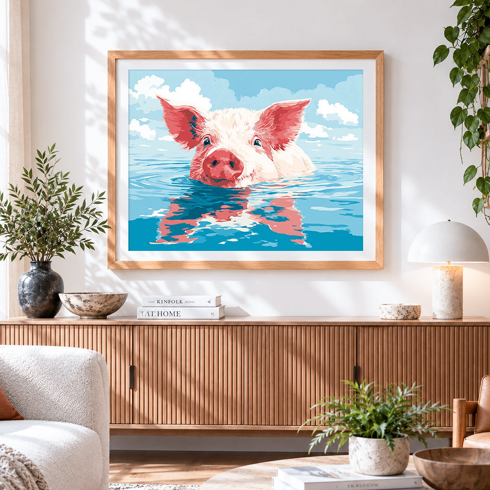 Finished happy pig swimming in the water paint by numbers artwork displayed as home decor