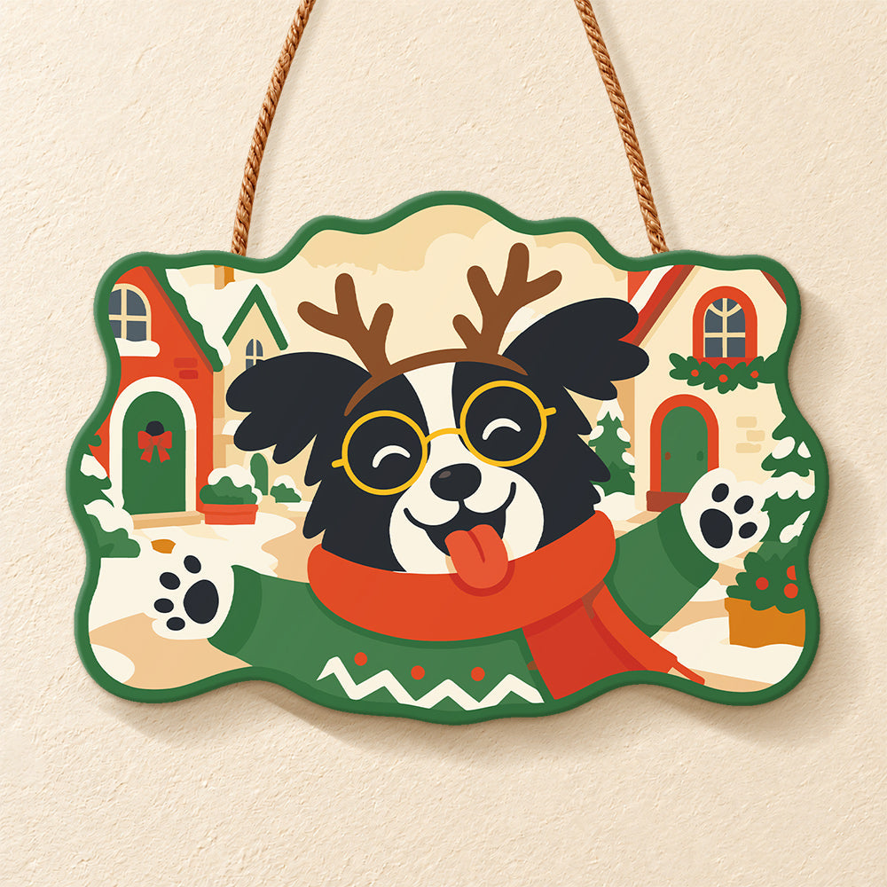 Happy reindeer dog paint by numbers door hanger finished design