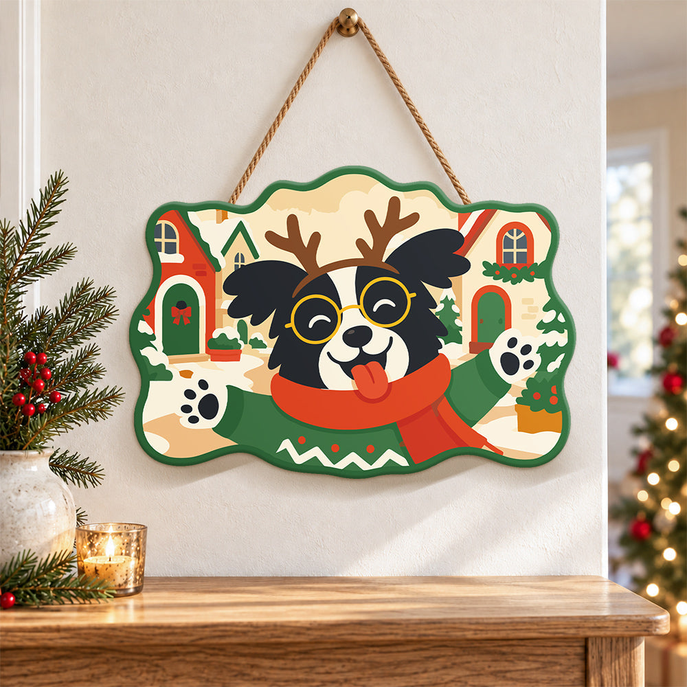 Happy reindeer dog paint by numbers door hanger as indoor wall decor