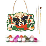 Happy reindeer dog paint by numbers door hanger with paints and brushes