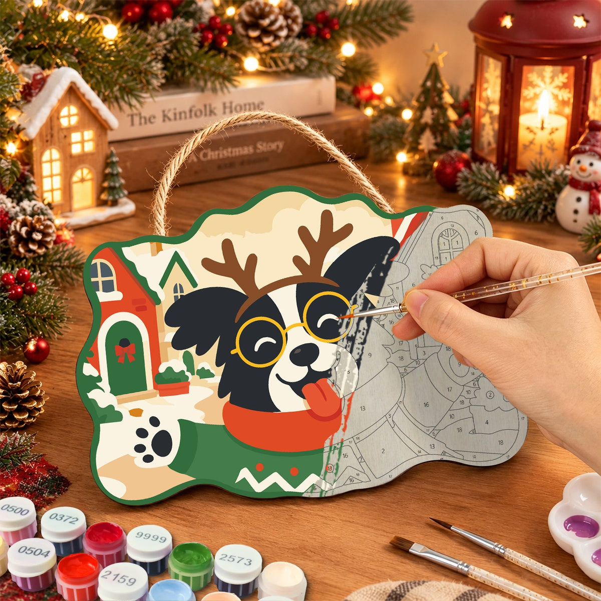 Happy reindeer dog paint by numbers door hanger painting process