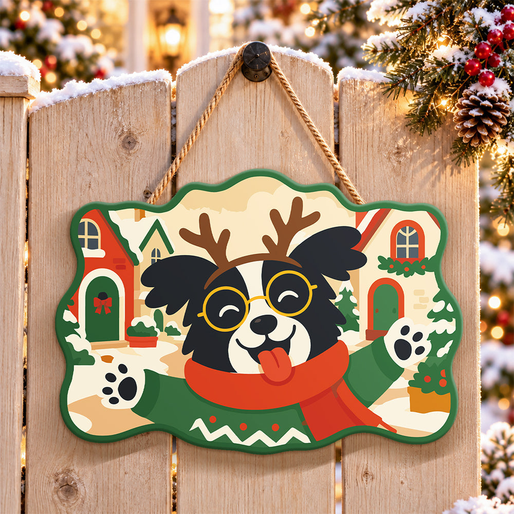 Happy reindeer dog paint by numbers door hanger on a garden gate