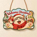 Happy santa cat in snow town paint by numbers door hanger finished design