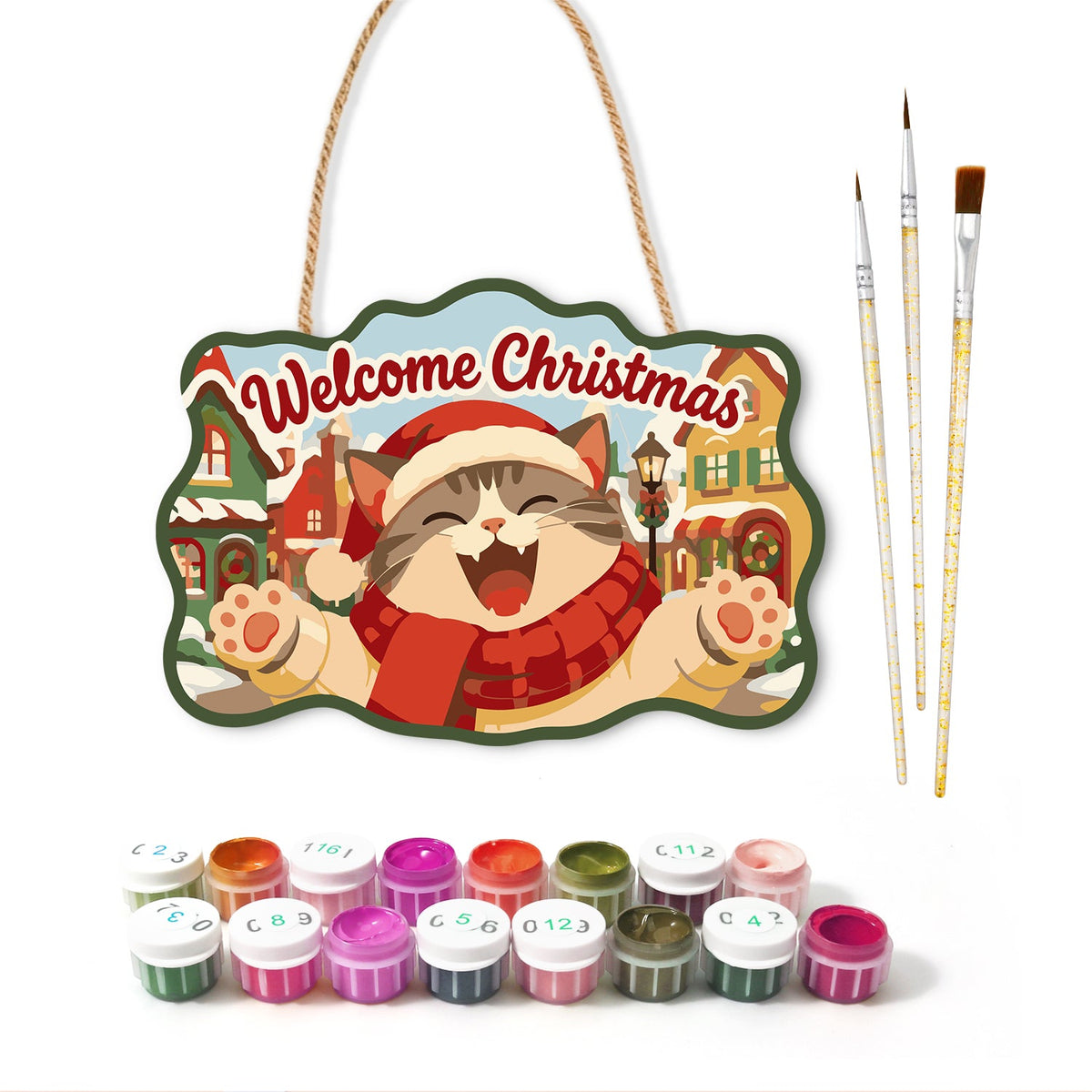 Happy santa cat in snow town paint by numbers door hanger with paints and brushes
