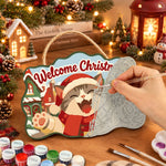 Happy santa cat in snow town paint by numbers door hanger painting process