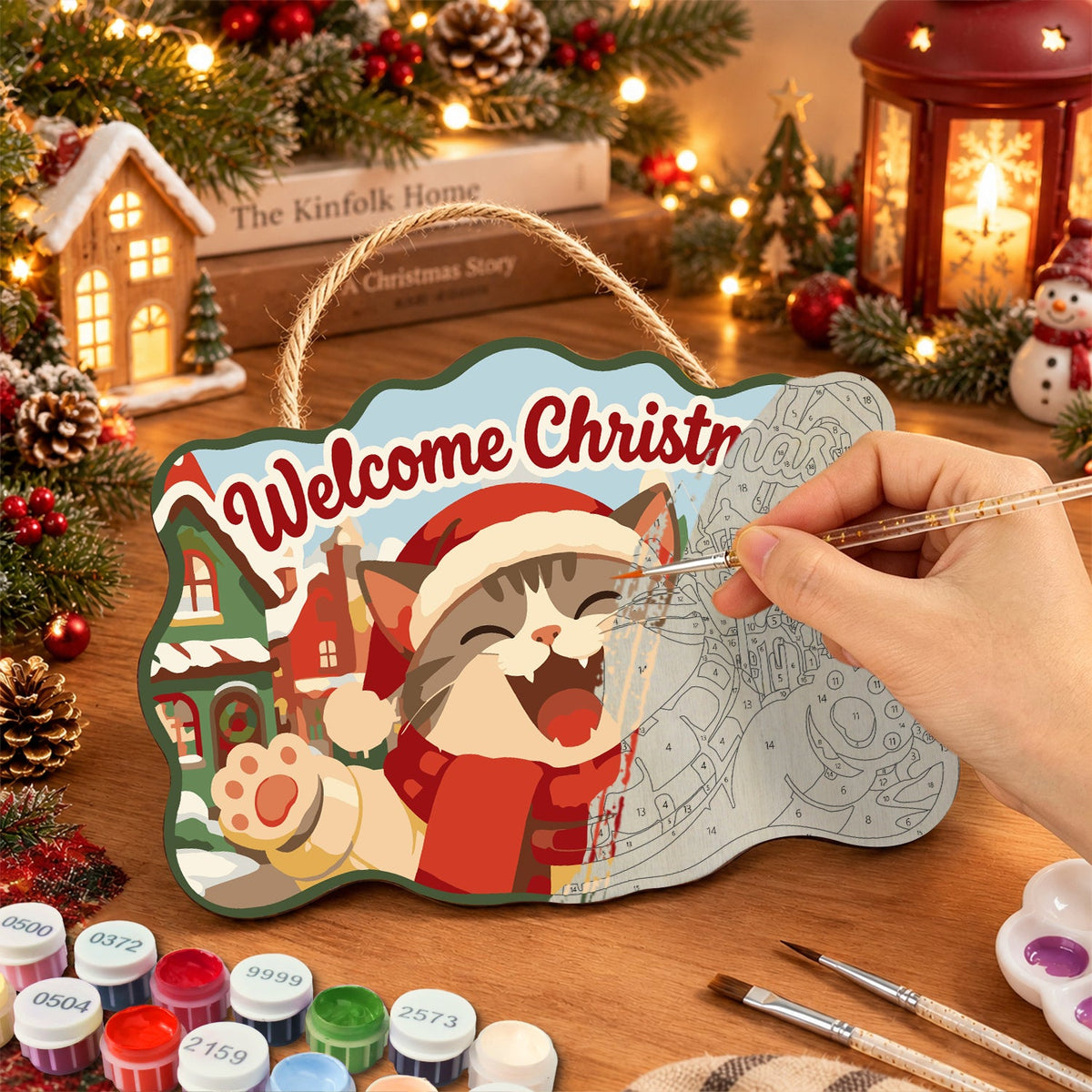 Happy santa cat in snow town paint by numbers door hanger painting process