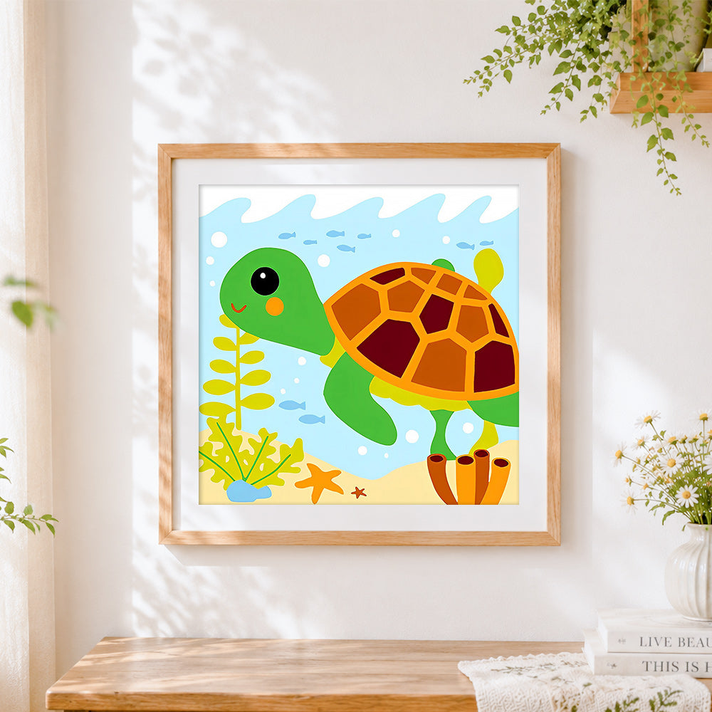 Finished happy sea turtle under the sea cross stitch artwork displayed