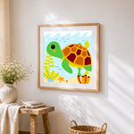 Happy sea turtle under the sea cross stitch artwork displayed on wall as home decor