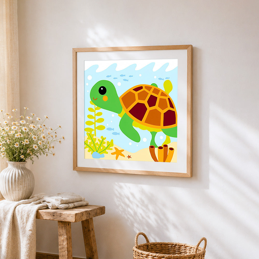 Happy sea turtle under the sea cross stitch artwork displayed on wall as home decor