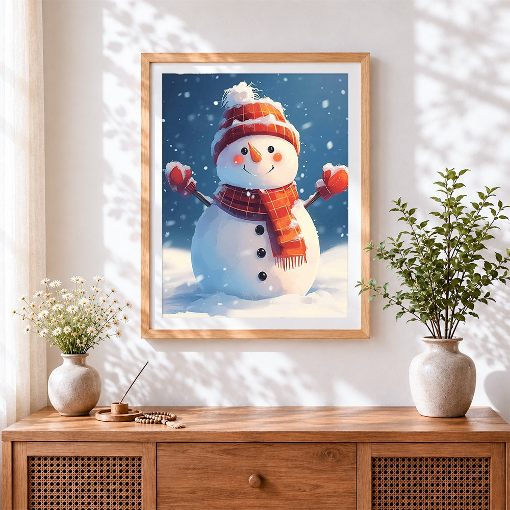 Finished happy snowman in red mittens cross stitch artwork displayed