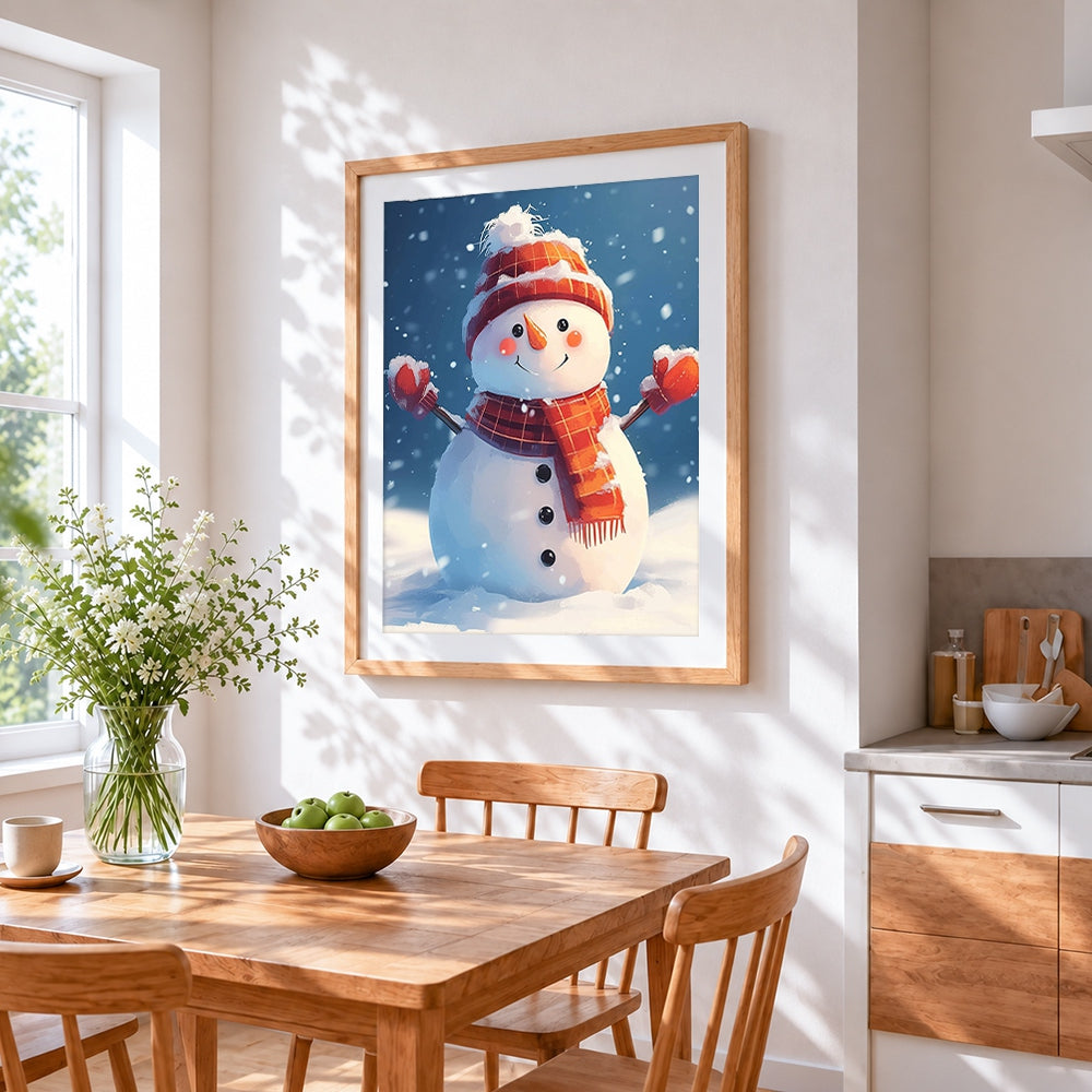 Happy snowman in red mittens cross stitch artwork displayed on wall as home decor
